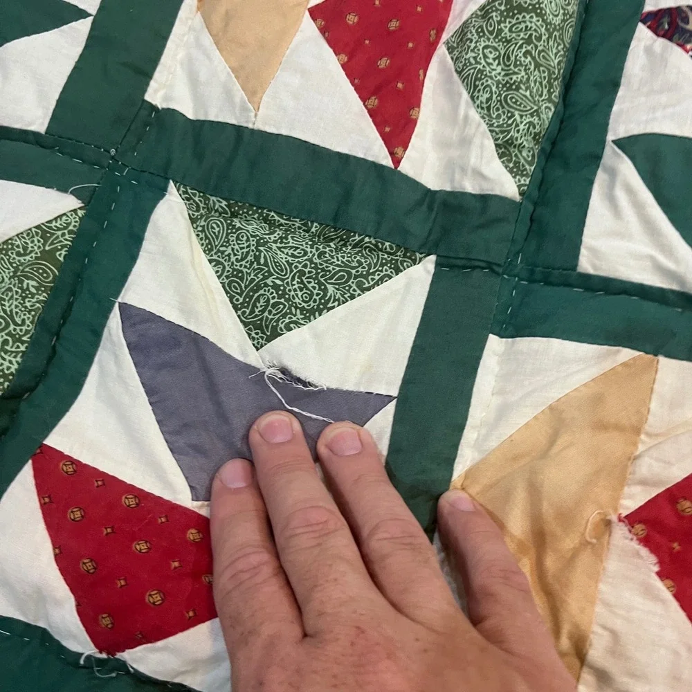 Vtg Flying Geese Patchwork Quilt Handmade Green Paisley Floral 82x84 Farmhouse